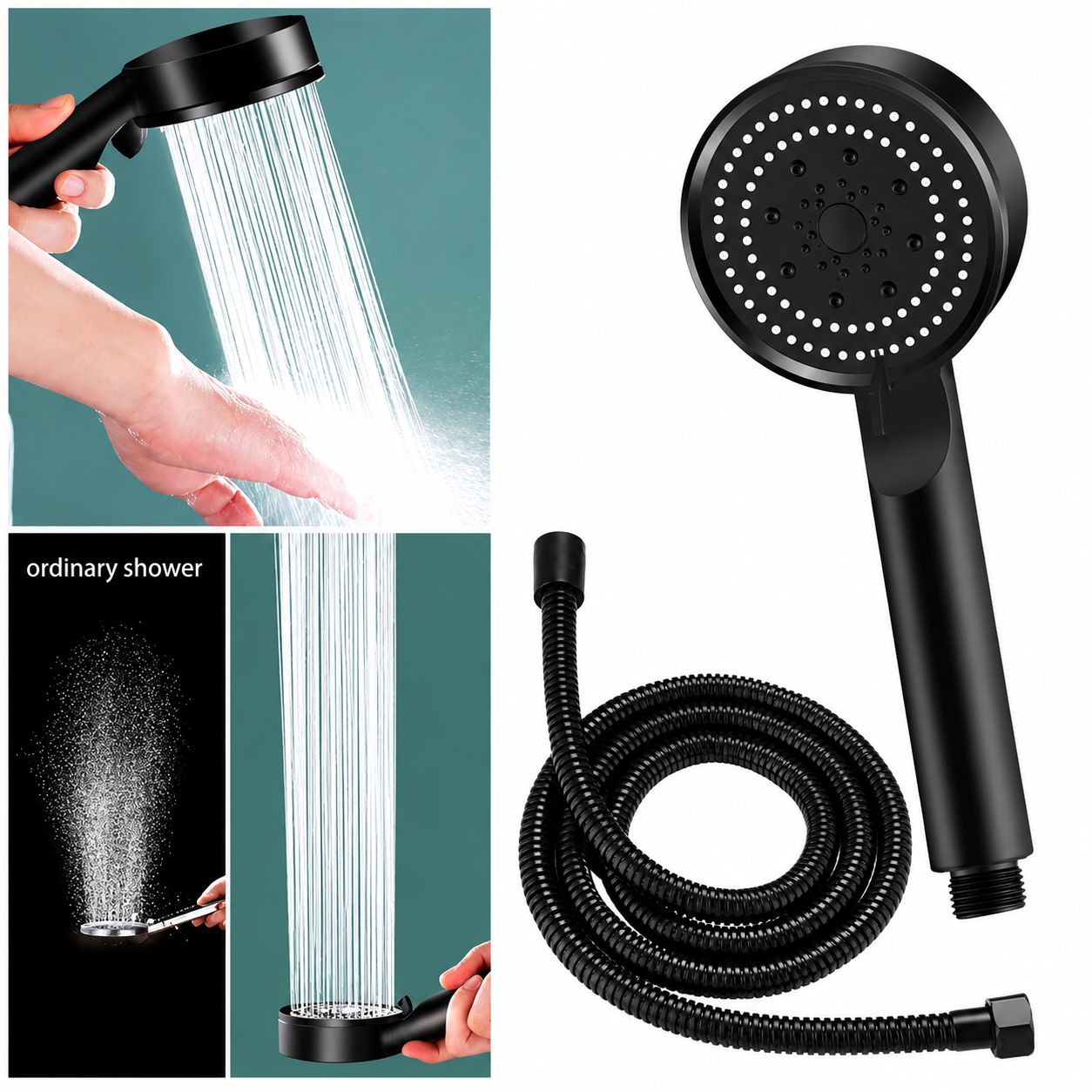 Black Handheld Shower with 1.5 Meter, Tube & wall Hook, Shower for Bathroom.