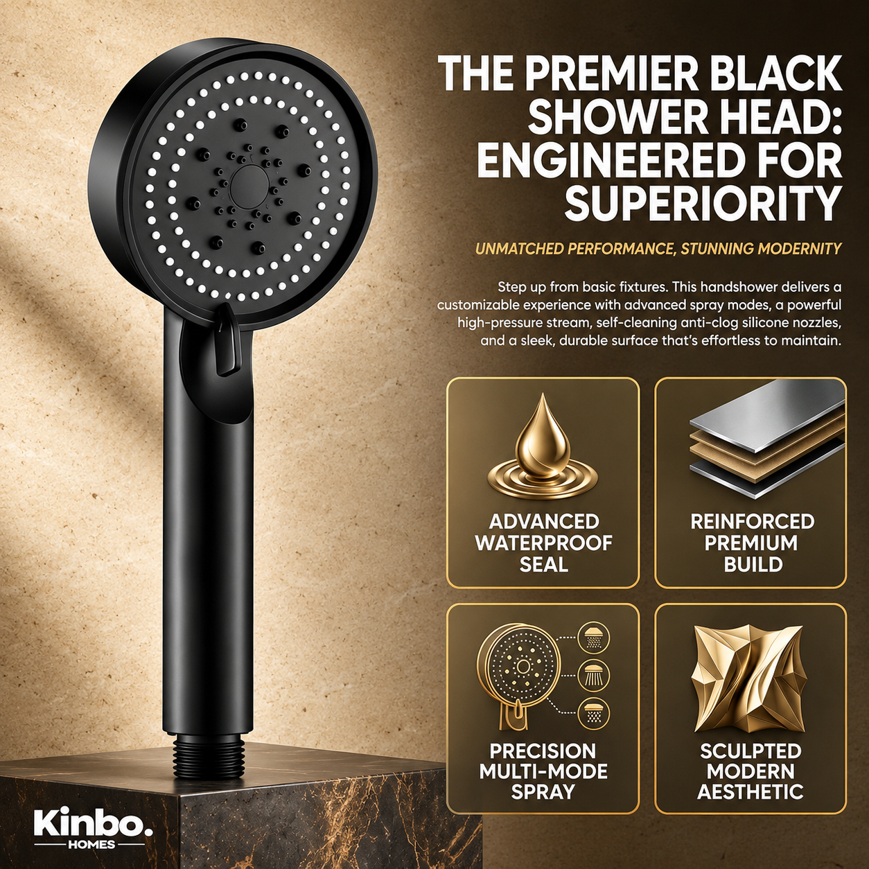 Black Handheld Shower with 1.5 Meter, Tube & wall Hook, Shower for Bathroom.